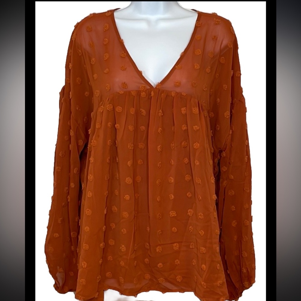 CHIC SOUL Terra Cotta Polka Dot Chiffon Long Sleeve V-Neck Blouse Women’s Sz XL